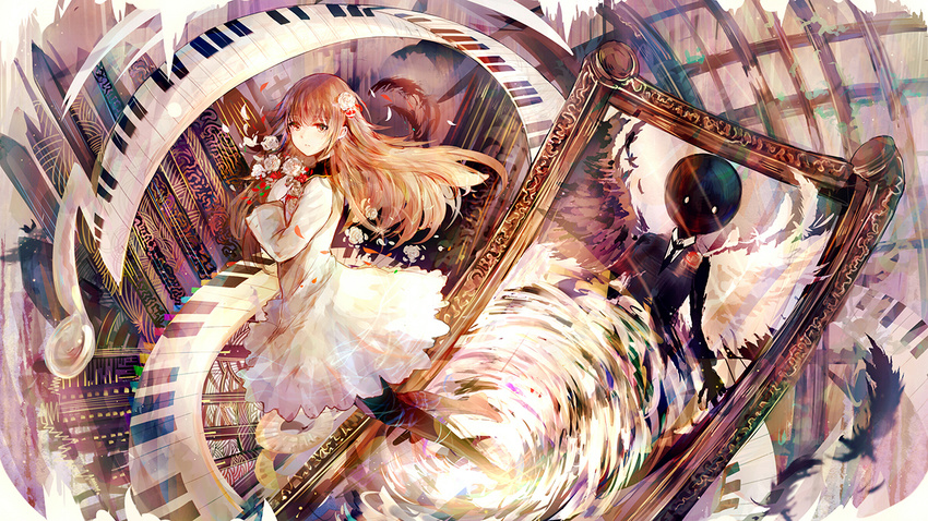 1boy alice_(deemo) bad_id bad_pixiv_id bai_qi-qsr brown_hair commentary_request deemo deemo_(character) female flower hair_flower hair_ornament holding holding_flower long_hair looking_at_another looking_at_viewer photoshop_(medium) piano_keys red_eyes reflection_(mirror_night)_(deemo)