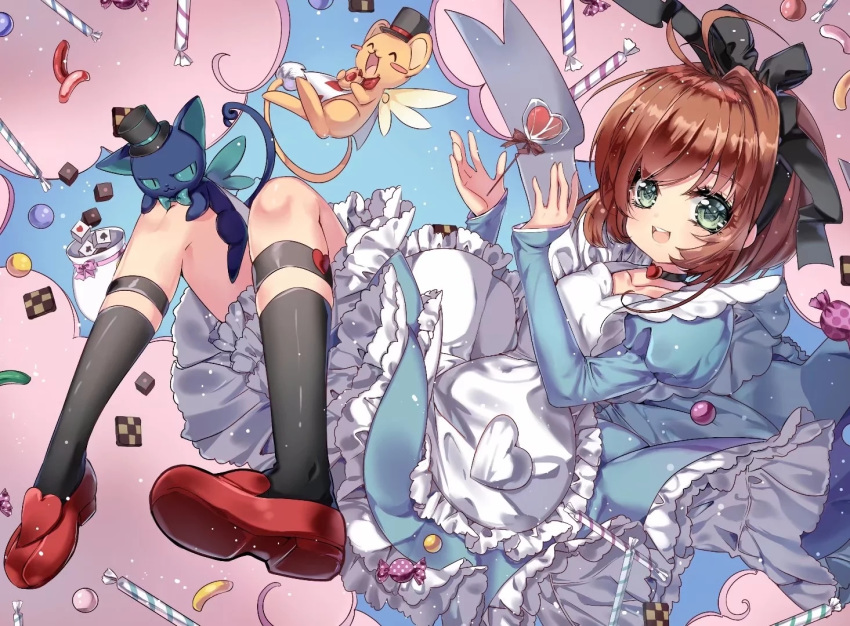 :d animal apron black_choker black_hairband black_hat black_legwear black_ribbon blue_dress blush brown_hair candy cardcaptor_sakura checkerboard_cookie choker club_(shape) commentary cookie creature dress feline female food full_body green_eyes hair_ribbon hairband hat heart juliet_sleeves kero_(cardcaptor_sakura) kinomoto_sakura kneehighs loafers lollipop long_sleeves maid_apron open_mouth puffy_sleeves red_footwear ribbon shoes smile socks spade_(shape) suppi symbol-only_commentary teeth top_hat upper_teeth_only wataru_kuri white_apron