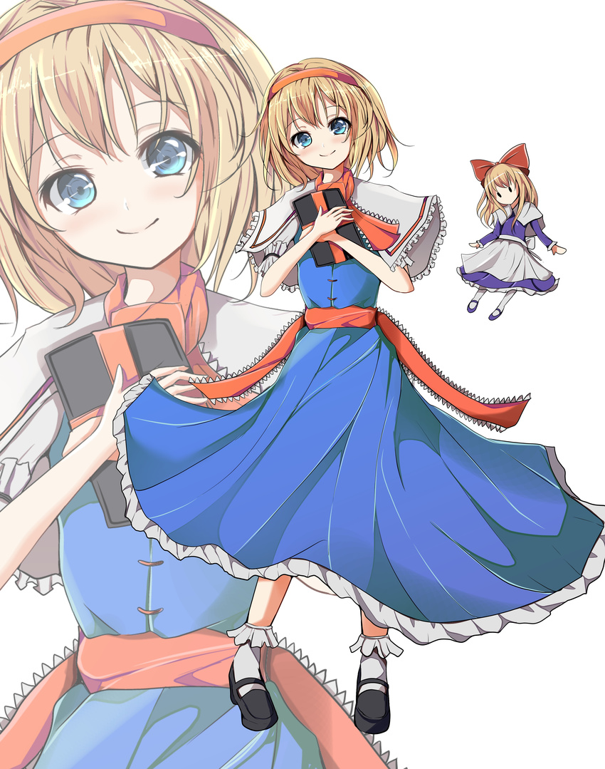 absurdres alice_margatroid bad_id bad_pixiv_id blonde_hair blue_dress blue_eyes book bow capelet doll dress female hairband hairbow highres lolita_fashion long_hair mary_janes red_scarf ribbon sash scarf shanghai_doll shoes short_hair smile touhou velia white_legwear zoom_layer