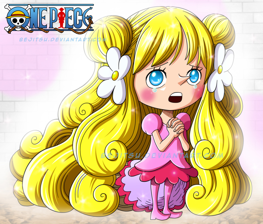 absurdres blonde_hair blue_eyes copyright_name double_bun dressrosa dwarf female hands_clasped highres mansherry one_piece princess solo tears