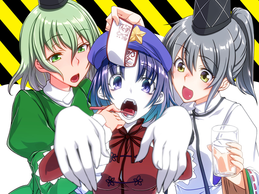 3girls beret blue_eyes blue_hair brushing_teeth commentary_request ebiten_g-san green_eyes green_hair grey_hair hat hat_ornament miyako_yoshika mononobe_no_futo multiple_girls ofuda outstretched_arms soga_no_tojiko star_(symbol) star_hat_ornament tate_eboshi touhou yellow_eyes zombie_pose