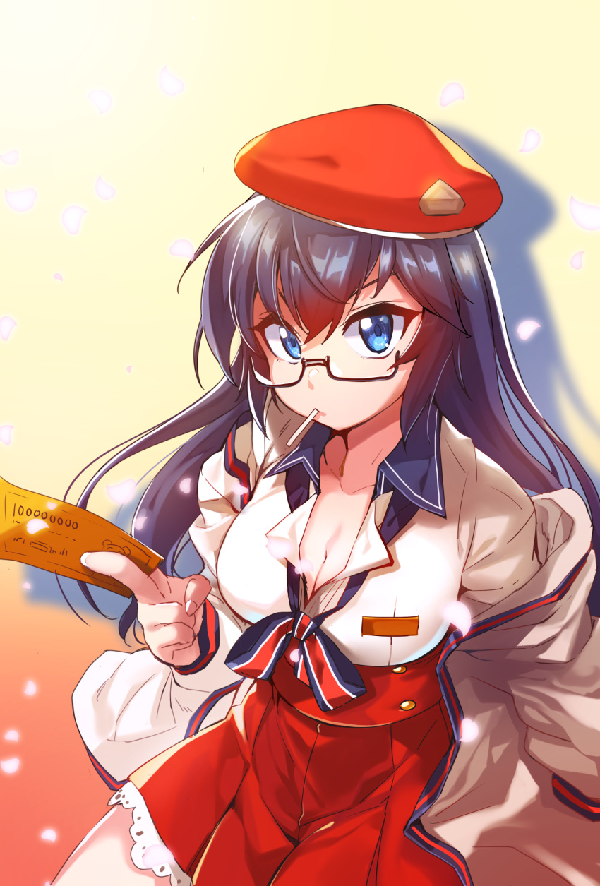 alternate_costume beret between_fingers black-framed_eyewear black_hair blue_eyes breasts candy cleavage commentary_request copyright_request counter:side ddolggol female food glasses hat highres holding jacket korean_commentary large_breasts lin_xien lollipop long_hair looking_at_viewer mouth_hold official_alternate_costume red_hat red_skirt school_uniform semi-rimless_eyewear skirt solo under-rim_eyewear wing_collar