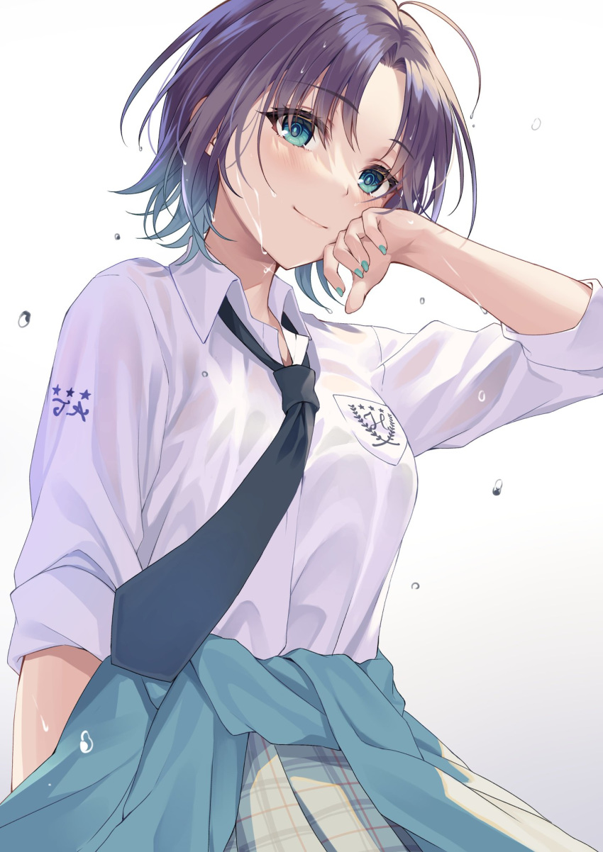 ahoge asakura_toru blue_eyes blush closed_mouth clothes_around_waist collared_shirt commentary_request cowboy_shot female green_eyes green_nails green_sweater hand_on_own_cheek hand_on_own_face hand_up highres hizuki_higure idolmaster idolmaster_shiny_colors jewelry long_sleeves looking_at_viewer nail_polish necktie plaid plaid_skirt shirt short_hair simple_background skirt smile solo sweater wet wet_hair white_shirt white_skirt