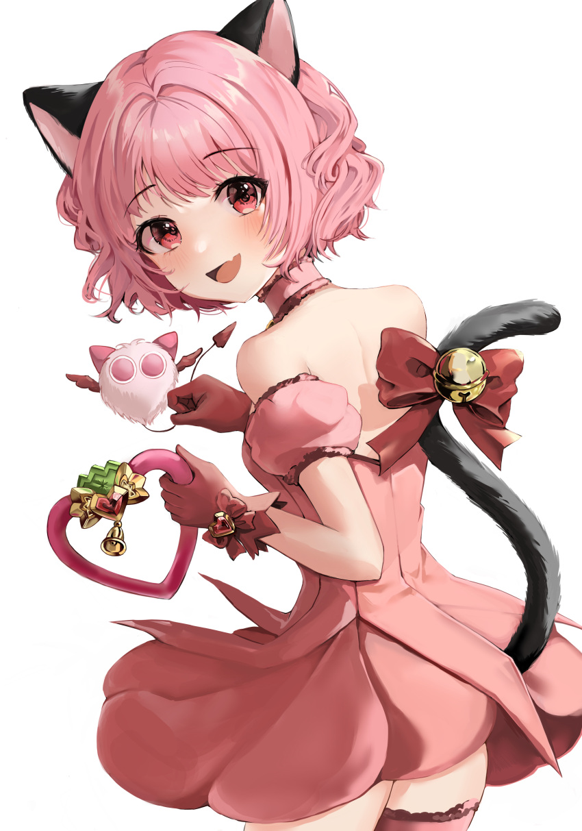 :d absurdres animal_ears bare_back bell bow cat_ears cat_girl cat_tail choker commentary curly_hair detached_sleeves dress female from_behind gloves head_tilt highres holding holding_weapon looking_at_viewer looking_back magical_girl mascot masha_(tokyo_mew_mew) mew_ichigo momomiya_ichigo open_mouth paw_pose pink_eyes pink_gloves pink_hair ribbon short_hair sidelocks smile solo tail tail_bell tail_bow tail_ornament tail_ribbon tokyo_mew_mew weapon white_background zipgaemi