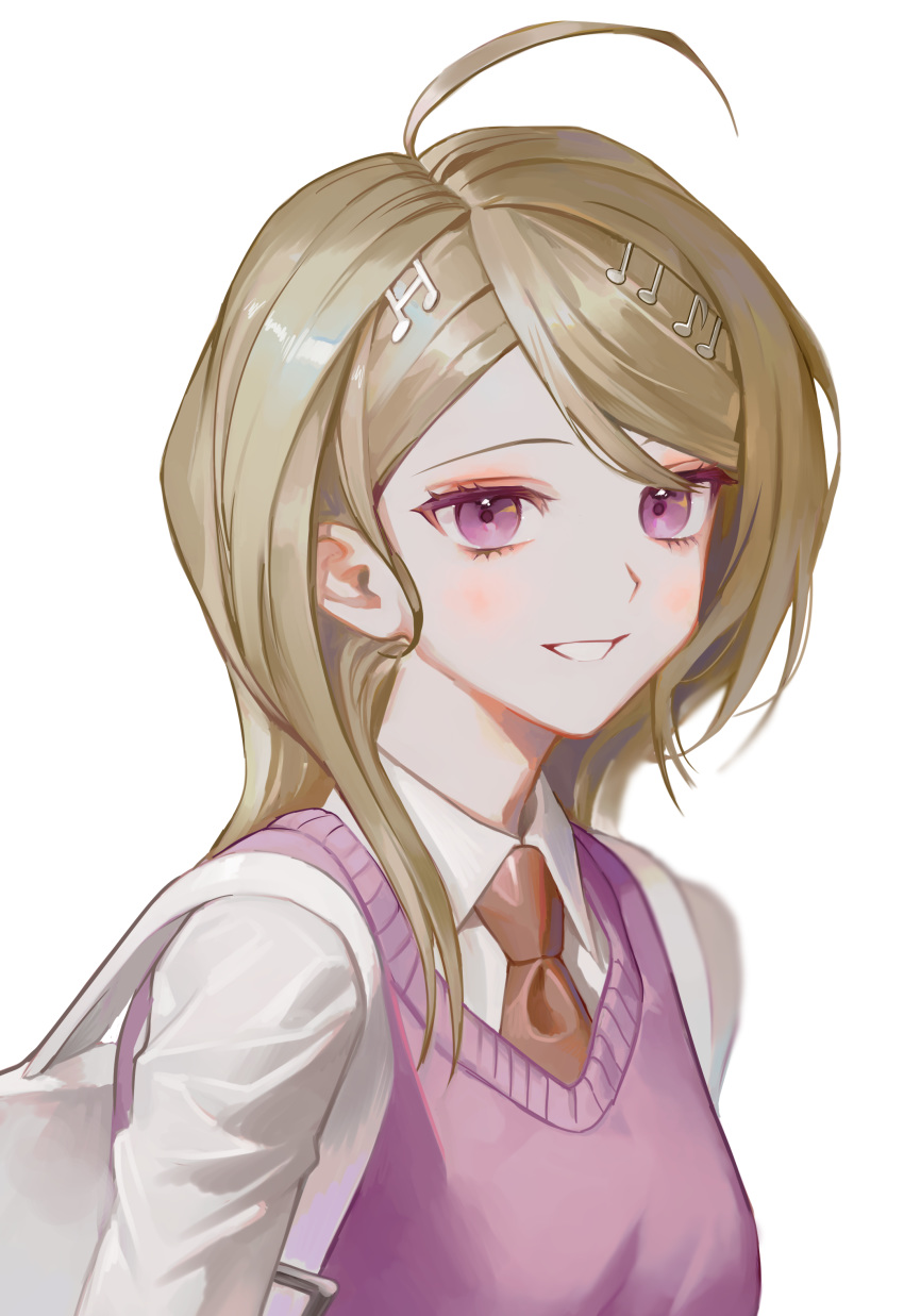 absurdres ahoge akamatsu_kaede backpack bag beamed_sixteenth_notes blonde_hair breasts commentary danganronpa_(series) danganronpa_v3:_killing_harmony eighth_note female hair_ornament highres long_hair looking_at_viewer migumi musical_note musical_note_hair_ornament necktie purple_eyes school_uniform shirt simple_background smile solo sweater_vest upper_body white_background