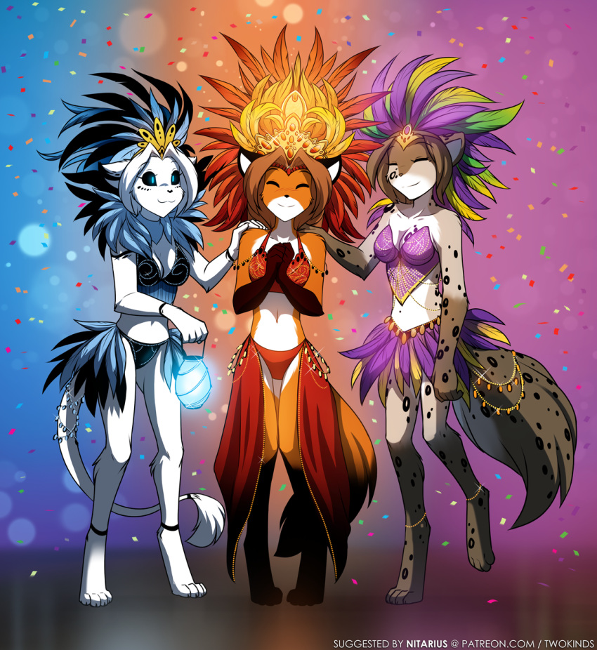 2022 accessory adobe_photoshop_(artwork) anthro black_body black_fur black_sclera blue_eyes blush brazilian_carnival breasts brown_body brown_fur canid canine carnival_(holiday) cleavage closed_eyes clothed clothing colored conditional_dnp digital_media_(artwork) digitigrade feather_in_hair feathers felid female fox fur ghost glowing glowing_eyes gradient_background grey_body grey_fur group hair hair_accessory hand_on_shoulder headdress hi_res holidays hybrid kathrin_vaughan keidran lamp lantern laura_(twokinds) lion mammal markings midriff multicolored_body multicolored_fur navel orange_body orange_fur pantherine red_fox simple_background skimpy spirit spots spotted_body spotted_fur tassels text tom_fischbach trio true_fox twokinds url white_body white_fur willow_wisp