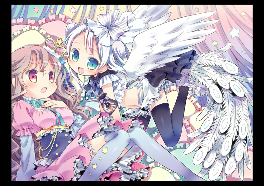 2girls :3 amimi bird_tail black_border black_legwear blue_eyes blue_thighhighs border brown_hair choker crown dress feathered_wings frilled_choker frilled_dress frilled_skirt frills hair_ribbon long_hair mini_crown miniskirt moeru!_jiten moeru!_monster_jiten_ten_no_maki multiple_girls navel official_art open_mouth pink_dress pink_eyes pouch ribbon ribbon_choker skirt star-shaped_pupils star_(symbol) symbol-shaped_pupils tail thighhighs very_long_hair white_footwear white_hair white_wings wings