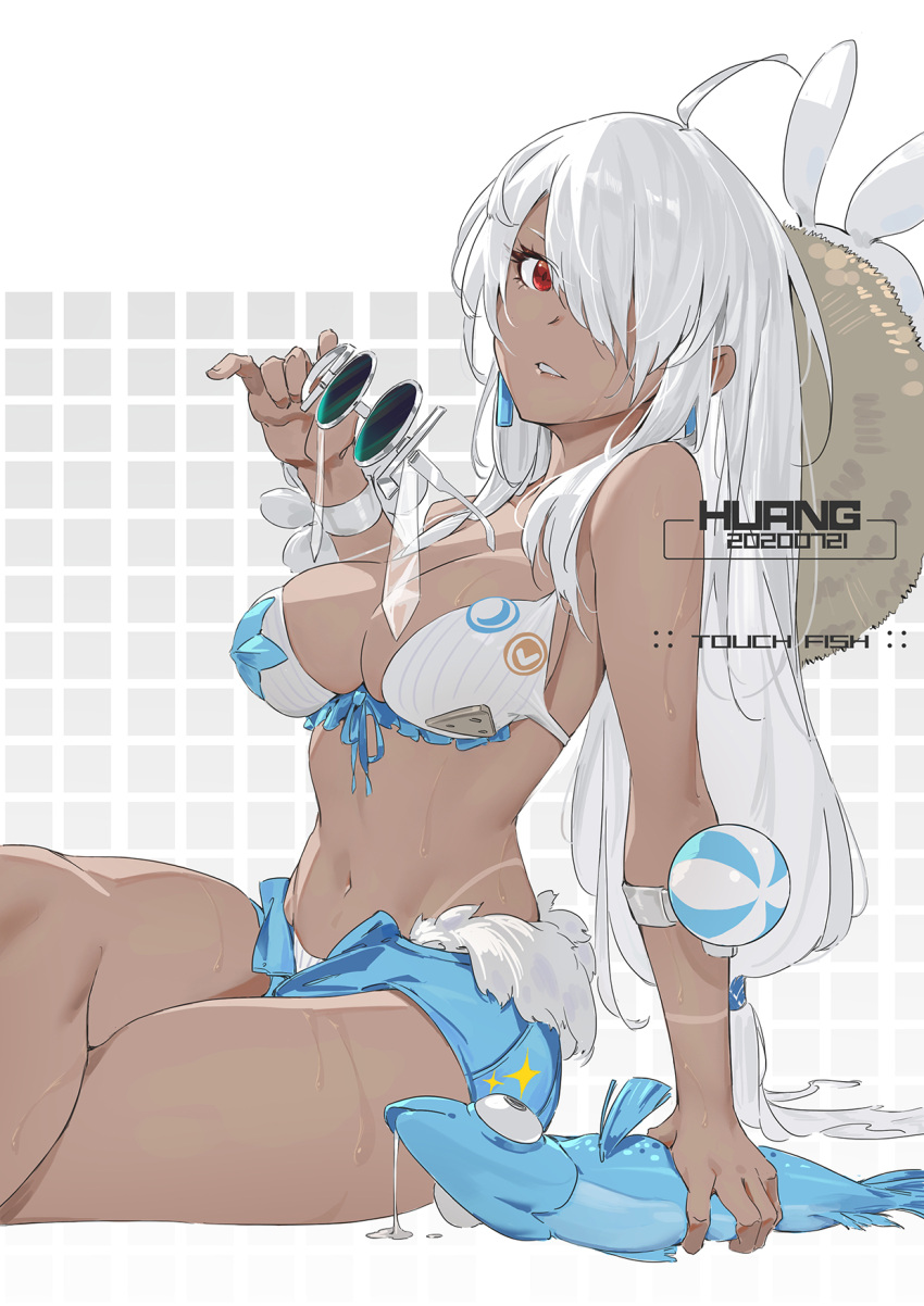 ahoge alpha_(punishing:_gray_raven) artist_name bikini blue_shorts breasts dark-skinned_female dark_skin earrings english_text female grey_hair hair_over_one_eye hat highres huang_(volt0526) jewelry long_hair looking_at_viewer lucia:_crimson_abyss_(punishing:_gray_raven) lucia:_crimson_abyss_(seaside_sunbath)_(punishing:_gray_raven) medium_breasts navel parted_lips punishing:_gray_raven red_eyes short_shorts shorts sidelocks solo starfish straw_hat sunglasses swimsuit unworn_eyewear very_long_hair white-framed_eyewear white_bikini