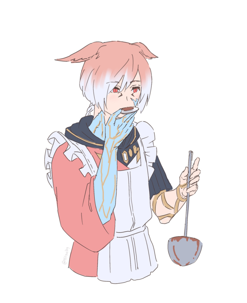 1boy 45liza109 absurdres animal_ears apron cat_boy cat_ears crystal crystal_exarch facial_mark final_fantasy final_fantasy_xiv g'raha_tia grey_hair hair_between_eyes highres holding holding_ladle ladle male_focus material_growth miqo'te multicolored_hair red_eyes red_hair simple_background slit_pupils solo tasting twitter_username white_apron white_background