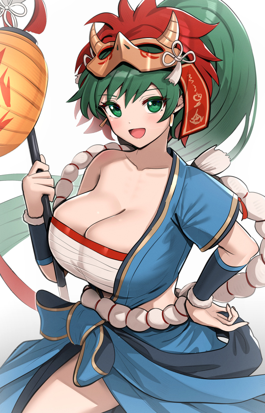 :d absurdres bandages blue_shirt blue_skirt blush breasts chest_sarashi cleavage collarbone commentary cowboy_shot female fire_emblem fire_emblem:_the_blazing_blade fire_emblem_heroes gonzarez green_eyes green_hair hand_on_own_hip hand_up highres holding huge_breasts long_hair looking_at_viewer lyn_(fire_emblem) lyn_(flame)_(fire_emblem) mask mask_on_head official_alternate_costume open_mouth ponytail sarashi shirt simple_background single-shoulder_shirt single_bare_shoulder single_sleeve skirt smile solo standing strapless tube_top very_long_hair white_background