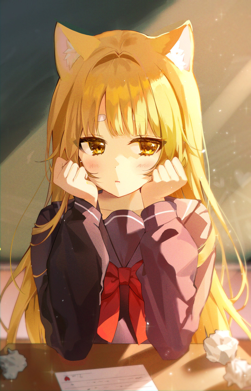 absurdres animal_ear_fluff animal_ears black_shirt blonde_hair blush borrowed_character bow bowtie copyright_request female head_rest highres iop5509 long_hair long_sleeves original paper parted_lips red_bow red_bowtie school_uniform serafuku shirt sideways_glance solo thick_eyebrows upper_body yellow_eyes