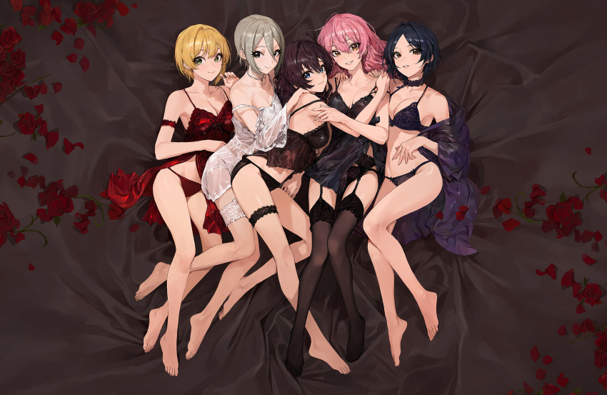 5girls ahoge asymmetrical_hair babydoll bare_shoulders barefoot bed black_eyes black_hair blonde_hair blue_eyes blush bra breasts bridal_garter brown_hair choker closed_mouth collarbone commentary duplicate eyelashes feet flower green_eyes grey_hair hair_between_eyes hayami_kanade highres ichinose_shiki idolmaster idolmaster_cinderella_girls jougasaki_mika large_breasts legs lipps_(idolmaster) long_hair looking_at_viewer md5_mismatch miyamoto_frederica modare multiple_girls navel panties parted_bangs parted_lips petals photoshop_(medium) pink_hair pixel-perfect_duplicate rose rose_petals shiomi_syuko short_hair smile thighhighs underwear wavy_hair yellow_eyes