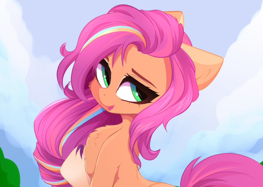 absurd_res braided_hair chest_tuft earth_pony equid equine eyelashes female feral green_eyes hair hasbro hi_res highlights_(coloring) horse mammal mlp_g5 my_little_pony orange_body pony purple_hair purple_tail solo sunny_starscout_(mlp) tail tuft xsatanielx