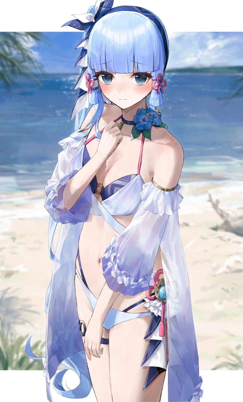 absurdres alternate_costume bare_shoulders beach blue_choker blue_eyes blue_flower blunt_bangs blunt_tresses blurry blurry_background blush breasts choker cleavage closed_mouth cowboy_shot ebiri_fy female flower flower_knot frilled_sleeves frills genshin_impact hair_ribbon halterneck hand_up hibiscus highres kamisato_ayaka legs_together long_hair looking_at_viewer medium_breasts mole mole_under_eye navel o-ring ocean open_clothes open_shirt outdoors ribbon sand see-through see-through_sleeves short_sleeves solo standing stomach thigh_strap tress_ribbon vision_(genshin_impact) white_hair wide_sleeves