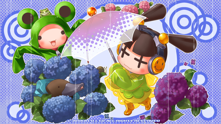 +_+ animal_hood black_hair chibi closed_mouth female flower frog full_body headphones highres hood hydrangea knitty_(technictix) long_sleeves official_art open_mouth platypus rain rain_(technictix) short_hair sleeves_past_wrists smile technictix transparent transparent_umbrella twintails umbrella