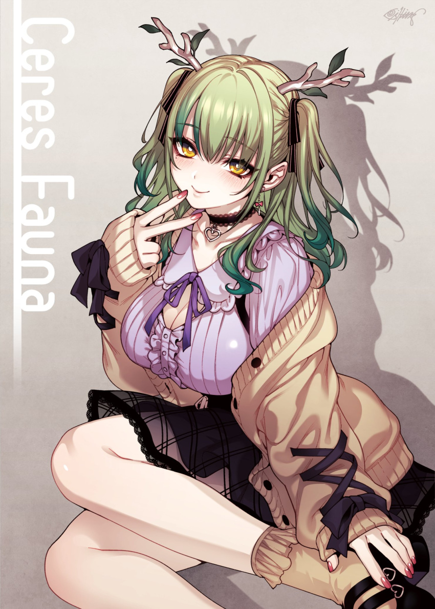 antlers bare_legs branch breasts ceres_fauna ceres_fauna_(jirai_kei) choker cleavage_cutout clothing_cutout collarbone female fishine frills green_hair highres hololive hololive_english horns jirai_kei large_breasts leaf looking_at_viewer loose_clothes medium_hair oversized_clothes see-through see-through_skirt shoes sitting skirt smile socks solo two_side_up virtual_youtuber wavy_hair yellow_eyes