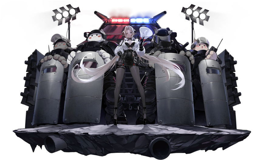 animal_ear_fluff animal_ears azur_lane ballistic_shield belt black_belt black_bra black_footwear black_gloves black_skirt blue_eyes bra breasts choker closed_eyes closed_mouth collared_shirt cuffs dishwasher1910 dress_shirt female full_body gloves ground_vehicle gun hand_on_own_hip handcuffs helmet high-waist_skirt highres holding holster holstered kronshtadt_(azur_lane) kronshtadt_(begin_the_rush!)_(azur_lane) large_breasts legs_apart long_hair long_sleeves looking_at_viewer low_twintails megaphone meowfficer_(azur_lane) miniskirt motor_vehicle official_alternate_costume official_art one_eye_closed open_clothes open_shirt pantyhose parted_lips pencil_skirt police puffy_sleeves riot_police shield shield_wall shirt skindentation skirt standing swat thigh_holster thigh_strap transparent_background twintails underwear very_long_hair visor_(armor) weapon white_shirt