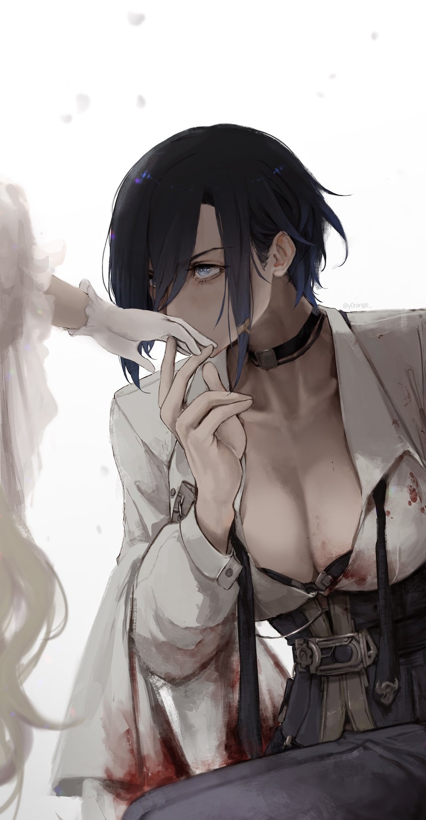 2girls ark_royal_(azur_lane) ark_royal_(cafe_lookout)_(azur_lane) azur_lane black_bra black_choker black_corset black_hair blood blood_on_clothes blue_eyes bra bra_peek breasts choker cleavage collared_shirt corset english_commentary gloves highres kissing kissing_hand long_hair long_sleeves medium_breasts multiple_girls official_alternate_costume pants purple_pants queen_elizabeth_(azur_lane) queen_elizabeth_(the_queen's_ball)_(azur_lane) shirt short_hair simple_background underwear very_long_hair white_background white_gloves y0range