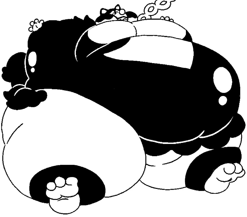 3_toes 4_fingers air_inflation anthro belly belly_expansion belly_inflation big_belly big_cheeks black_and_white body_inflation canid canine dreamart expansion feet fingers generation_9_pokemon hi_res huge_belly inflation legendary_pokemon looking_down looking_down_at_self male mammal monochrome moobs nintendo okidogi pokemon pokemon_(species) sharp_teeth simple_background solo teeth toes white_background