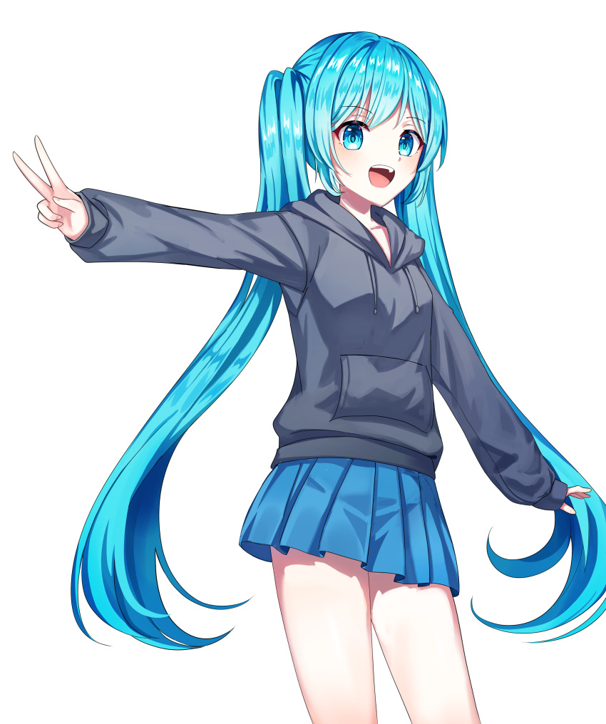 :d absurdres blue_eyes blue_hair blue_skirt collarbone commentary cowboy_shot female floating_hair grey_sweater hatsune_miku highres hood hood_down hooded_sweater ille_(xcpa7325) long_hair long_sleeves miniskirt open_mouth outstretched_arm pleated_skirt simple_background skirt smile solo standing sweater twintails v very_long_hair vocaloid white_background