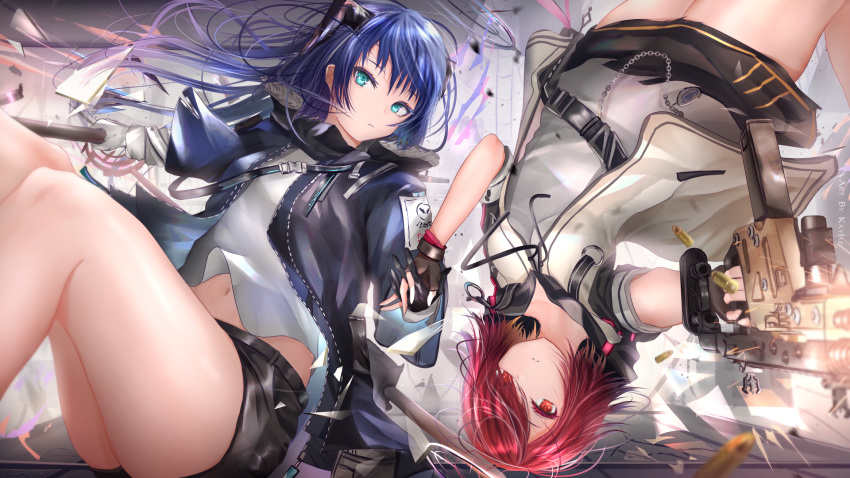 2girls aqua_eyes arknights black_gloves black_jacket black_shorts black_skirt blue_hair commentary english_commentary exusiai_(arknights) fingerless_gloves gloves gun halo highres holding holding_gun holding_hands holding_weapon horns jacket kayjae kriss_vector long_hair looking_at_viewer mostima_(arknights) multiple_girls navel red_hair shirt short_hair short_shorts short_sleeves shorts skirt submachine_gun thighs upside-down weapon white_shirt