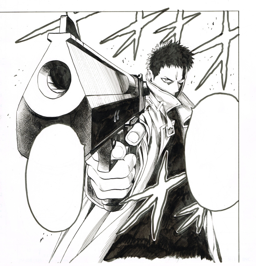 1boy absurdres coat covered_mouth finger_on_trigger foreshortening greyscale gun handgun highres holding holding_gun holding_weapon looking_at_viewer male_focus monochrome murata_yuusuke official_art one-punch_man open_clothes open_coat sanpaku scan short_hair solo traditional_media weapon zombieman