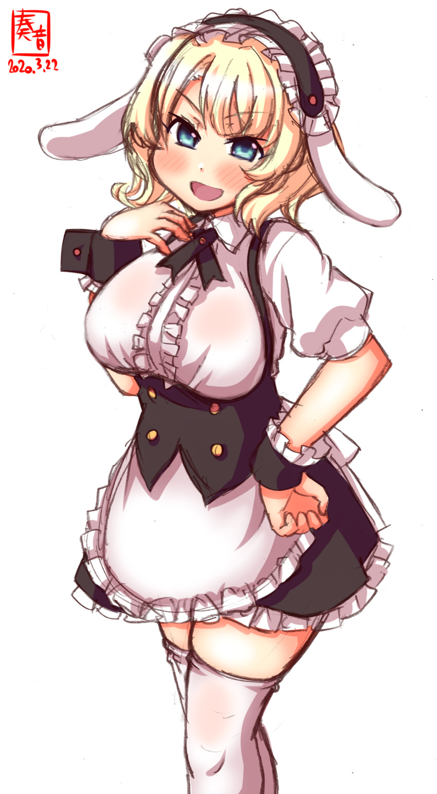 alternate_costume alternate_legwear animal_ears apron artist_logo black_hairband black_skirt blonde_hair blue_eyes breasts center_frills colorado_(kancolle) commentary_request cosplay cowboy_shot dated fake_animal_ears female fleur_de_lapin_uniform floppy_ears frilled_apron frilled_hairband frilled_shirt frills gochuumon_wa_usagi_desu_ka? hairband headdress highres kanon_(kurogane_knights) kantai_collection kirima_syaro kirima_syaro_(cosplay) large_breasts lolita_hairband look-alike looking_at_viewer md5_mismatch miniskirt open_mouth puffy_short_sleeves puffy_sleeves rabbit_ears shirt short_hair short_sleeves signature simple_background skirt solo thighhighs underbust uniform waist_apron waitress wavy_hair white_apron white_background white_shirt white_thighhighs wrist_cuffs