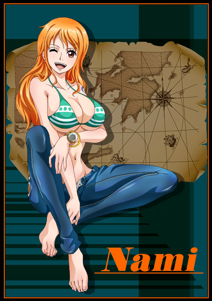 arm_under_breasts armpit_crease barefoot between_legs bikini bikini_top_only bracelet breasts character_name collarbone commentary_request denim english_text eyelashes feet female full_body green_bikini hand_between_legs heart highres holding jeans jewelry knee_up large_breasts legs long_hair nail_polish nami_(one_piece) navel one_eye_closed one_piece open_mouth orange_hair pants partially_unbuttoned pink_nails rider_(orange_couture) shiny_clothes sitting smile solo striped_bikini striped_clothes swimsuit teeth toenail_polish toenails toes tongue underboob upper_teeth_only watch wristwatch