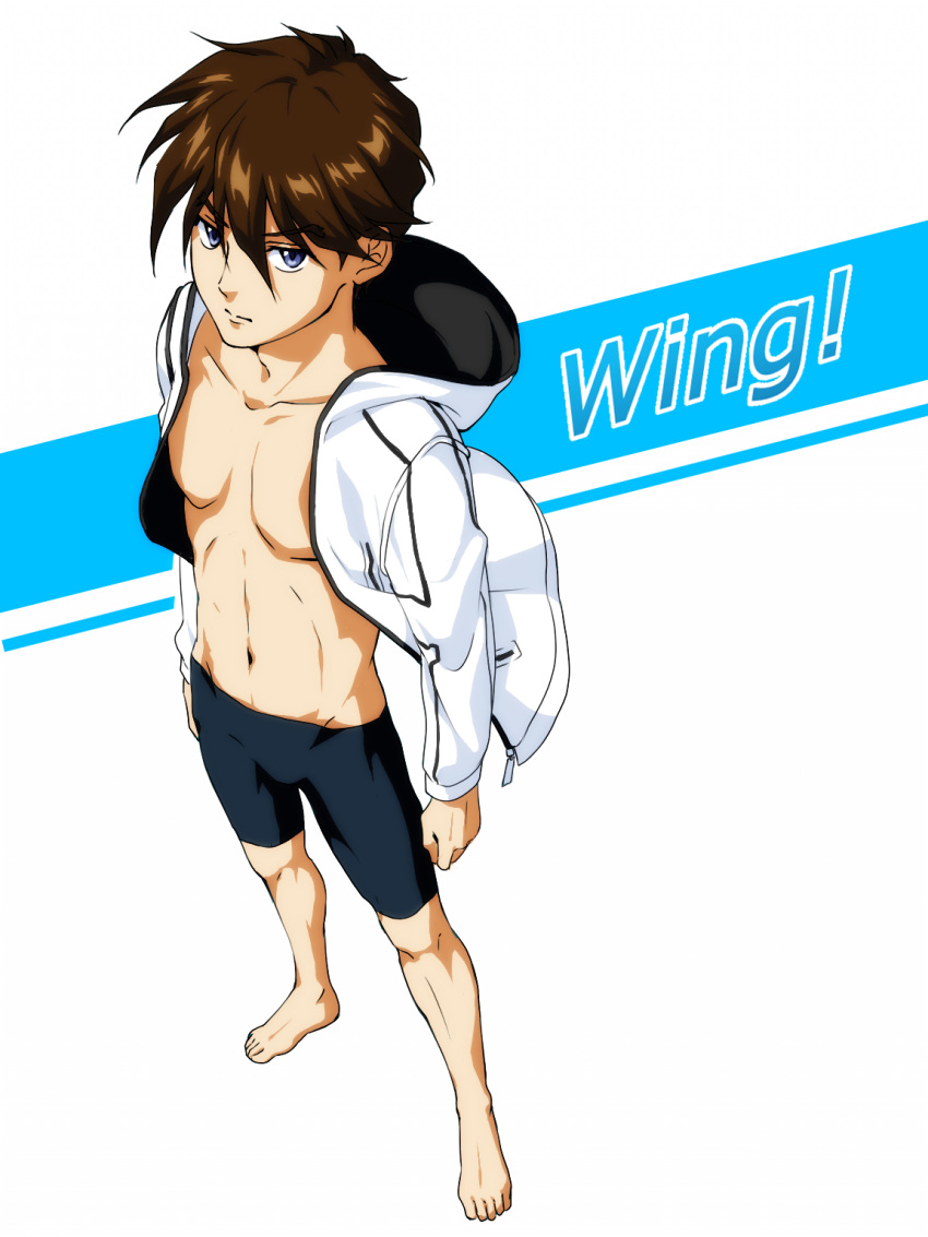 1boy barefoot blue_eyes brown_hair commentary_request expressionless free! full_body gundam gundam_wing hair_between_eyes heero_yuy highres hood hoodie jammers looking_at_viewer male_focus male_swimwear open_clothes open_hoodie parody photoshop_(medium) rei_(usabiba) simple_background solo