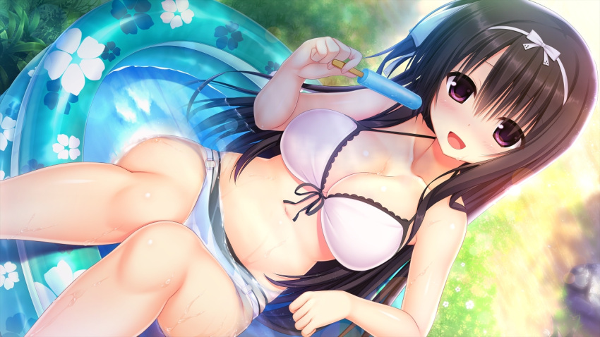 bikini black_bikini breasts cleavage day dutch_angle female food front-tie_bikini_top front-tie_top game_cg hair_ribbon halterneck holding holding_food large_breasts layered_bikini long_hair looking_at_viewer navel o-ring o-ring_bikini official_art open_mouth outdoors popsicle purple_eyes ribbon rokuonji_kaoruko sitting smile solo swimsuit utsunomiya_tsumire wading_pool wagamama_high_spec water wet white_bikini white_ribbon