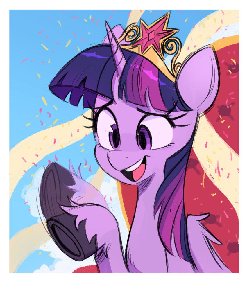 absurd_res alicorn awkward_smile bangs blunt_bangs border cloud confetti crown day equid equine eyebrows fanzeem female friendship_is_magic gesture hair hasbro headgear hi_res hooves horn mammal motion_lines my_little_pony mythological_creature mythological_equine mythology open_mouth open_smile outside purple_body purple_eyes purple_hair raised_inner_eyebrows smile solo teeth tiara tongue twilight_sparkle_(mlp) unguligrade waving white_border wings