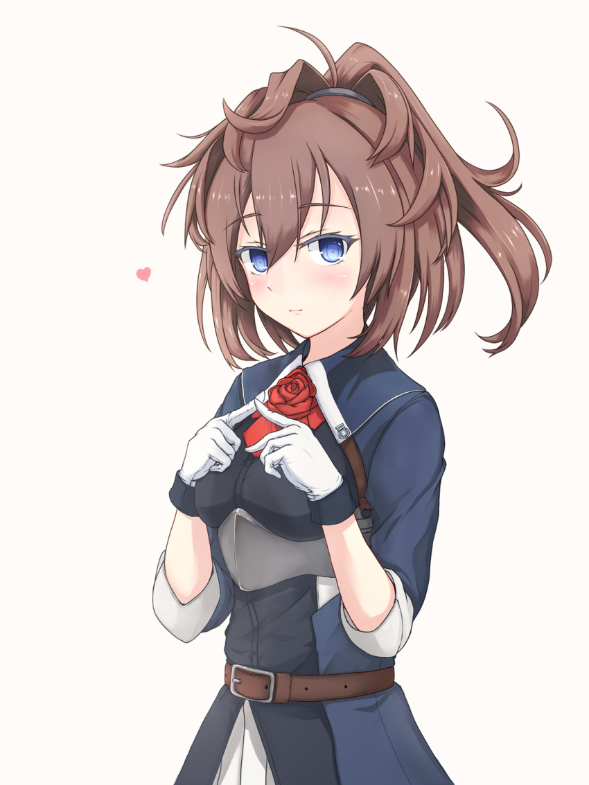 ascot belt blue_eyes blue_shirt breasts brown_belt brown_hair female flower gloves hair_between_eyes heart highres kantai_collection long_hair ponytail red_ascot red_flower red_rose rose sheffield_(kancolle) shirt short_sleeves small_breasts solo upper_body white_gloves yakuto007