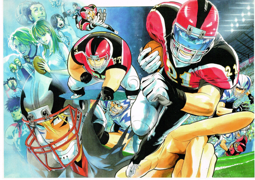 2girls 6+boys :d ^_^ american_football american_football_(object) american_football_helmet american_football_uniform ball beard black_eyes black_hair blonde_hair border brown_hair character_request cheerleader closed_eyes closed_mouth eyeshield_21 facial_hair fat gloves green_hair grin helmet highres holding holding_ball inset kobayakawa_sena looking_at_viewer multiple_boys multiple_girls murata_yuusuke official_art open_mouth pants pointing projected_inset running sanpaku scan sharp_teeth shirt shoulder_pads smile sportswear teeth traditional_media white_border