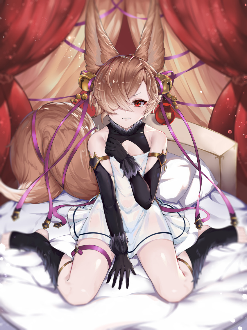 1boy absurdres animal_ears axescr bell blonde_hair blush chinese_commentary commentary crossdressing crying dress erune fox_boy fox_ears fox_tail gloves granblue_fantasy hair_bell hair_ornament highres kou_(granblue_fantasy) looking_at_viewer male_focus red_eyes socks tail tearing_up