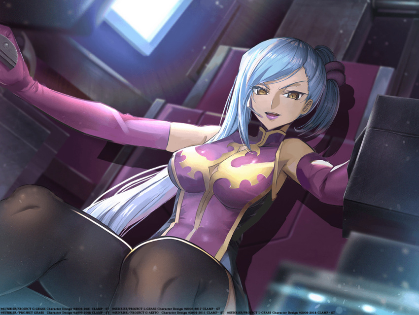 artist_request black_thighhighs breasts brown_eyes cockpit code_geass code_geass:_genesic_re;code dark-skinned_female dark_skin elbow_gloves female gloves grey_hair hair_behind_ear leotard long_hair medium_breasts official_art open_mouth ponytail purple_gloves purple_leotard purple_lips smile solo swept_bangs thighhighs very_long_hair villetta_nu