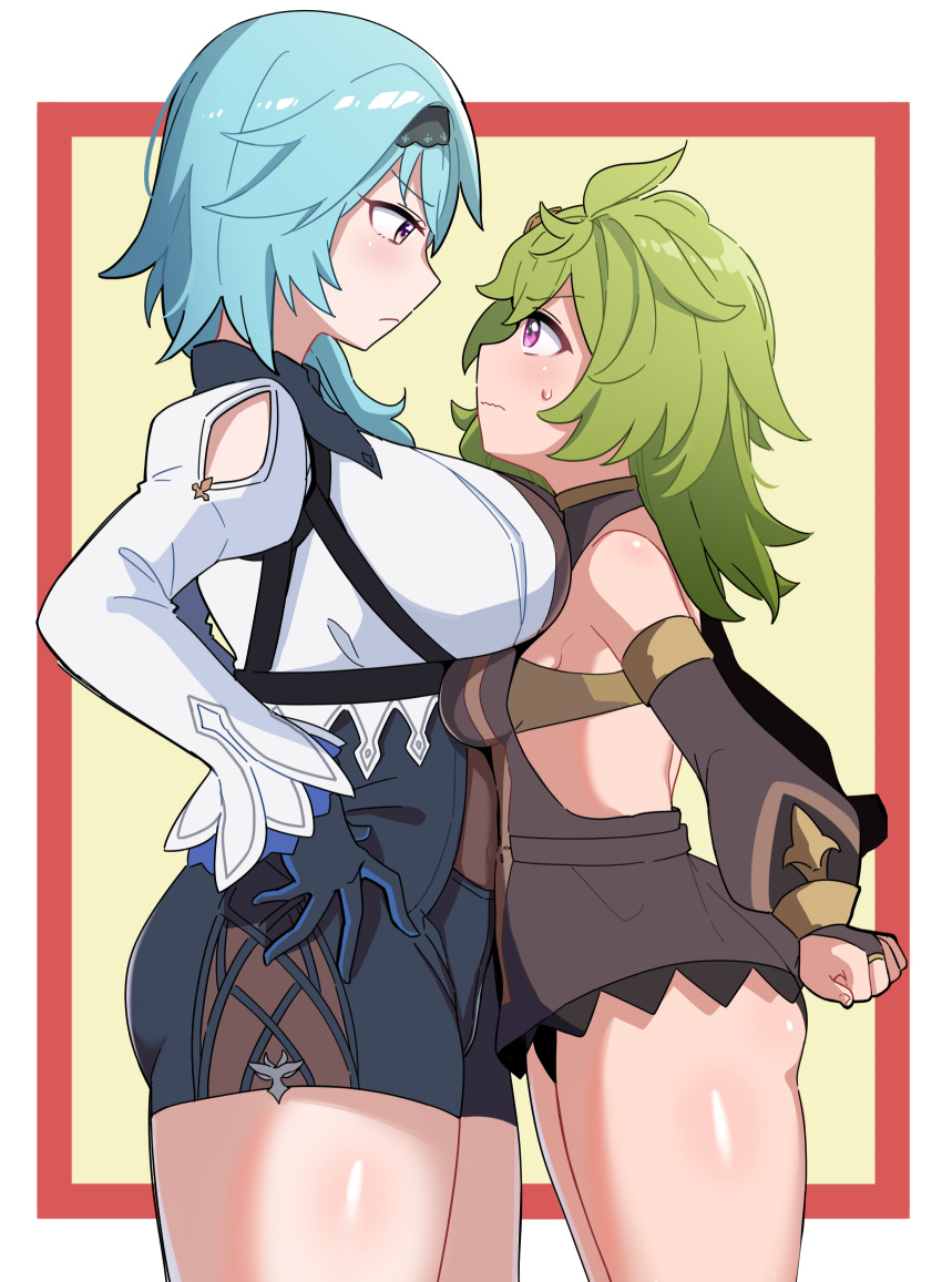 2girls asymmetrical_docking blue_hair breast_contest breast_press breasts closed_mouth collei_(genshin_impact) eula_(genshin_impact) genshin_impact green_hair hairband highres large_breasts leaning_forward leaning_on_person long_sleeves looking_at_another multiple_girls sideboob size_difference small_breasts standing sweatdrop thighs wavy_mouth xion_(pulilulu)