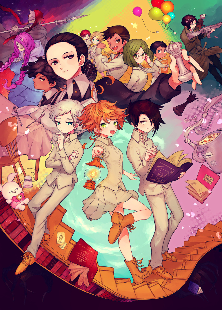 absurdres anna_(yakusoku_no_neverland) balloon bird black_hair blonde_hair blue_eyes book brown_eyes brown_footwear chess_piece demon demon_girl don_(yakusoku_no_neverland) emma_(yakusoku_no_neverland) gilda_(yakusoku_no_neverland) glasses green_eyes green_hair gun highres holding holding_book holding_chess_piece holding_gun holding_weapon isabella_(yakusoku_no_neverland) ladle multiple_boys multiple_girls musica_(yakusoku_no_neverland) nat_(yakusoku_no_neverland) neck_tattoo norman_(yakusoku_no_neverland) number_tattoo one_eye_closed orange_hair owl phil_(yakusoku_no_neverland) pot ray_(yakusoku_no_neverland) red_hair sister_krone skirt stuffed_toy sung-joo_(yakusoku_no_neverland) tattoo weapon white_hair white_skirt yakusoku_no_neverland yokosuka_(jyamuojisan7) yuugo_(yakusoku_no_neverland)