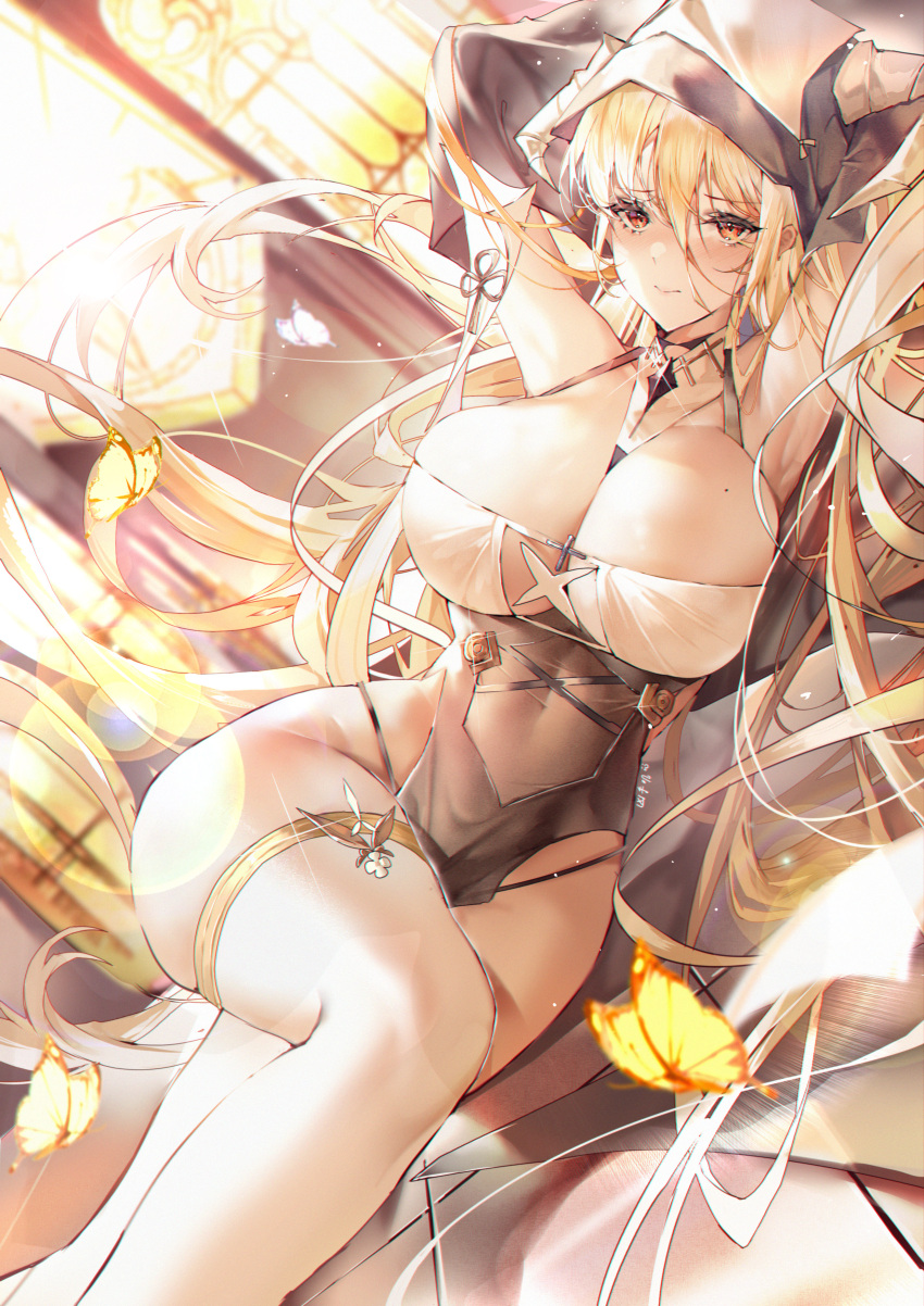 absurdres azur_lane between_breasts blonde_hair breasts cleavage fake_horns feet_out_of_frame female habit highres horns huge_breasts implacable_(azur_lane) long_bangs long_hair looking_at_viewer lying nun on_side pelvic_curtain red_eyes revealing_clothes solo thighhighs very_long_hair white_thighhighs xiongshouji