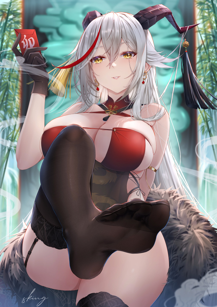 absurdres aegir_(azur_lane) aegir_(golden_dragon_among_auspicious_clouds)_(azur_lane) azur_lane black_gloves breasts cleavage earrings feet female foot_focus foot_out_of_frame garter_straps gloves grey_hair highres holding hongbao horns jewelry large_breasts leg_up legs long_hair multicolored_hair no_shoes official_alternate_costume parted_lips red_hair sideboob signature sitting sking smile solo streaked_hair thighhighs toes very_long_hair yellow_eyes