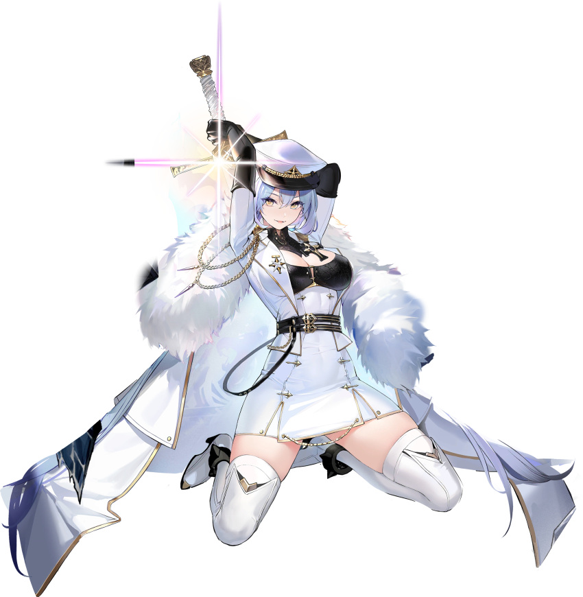 arkhangelsk_(azur_lane) artist_request azur_lane black_gloves blue_hair boots breasts dress elbow_gloves female full_body fur_trim gloves hat high_heel_boots high_heels highres holding holding_weapon kneeling large_breasts looking_at_viewer machinery medium_breasts official_art peaked_cap short_dress smile solo sword thigh_boots thighhighs transparent_background turret weapon yellow_eyes zettai_ryouiki