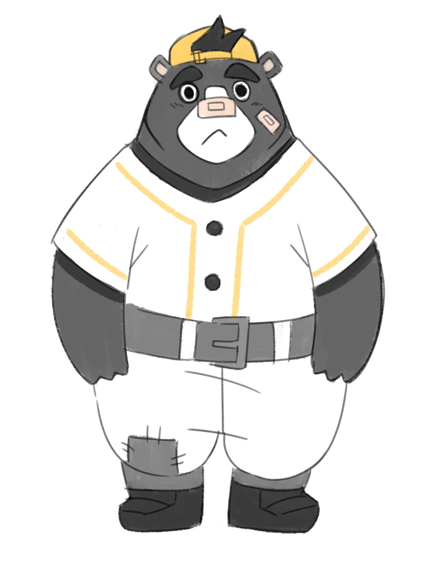 2020 absurd_res adios anthro bear black_body black_fur bottomwear brand_new_animal clothing fur hat headgear headwear hi_res male mammal pants shirt simple_background slightly_chubby sloth_bear_(brand_new_animal) solo studio_trigger topwear white_background