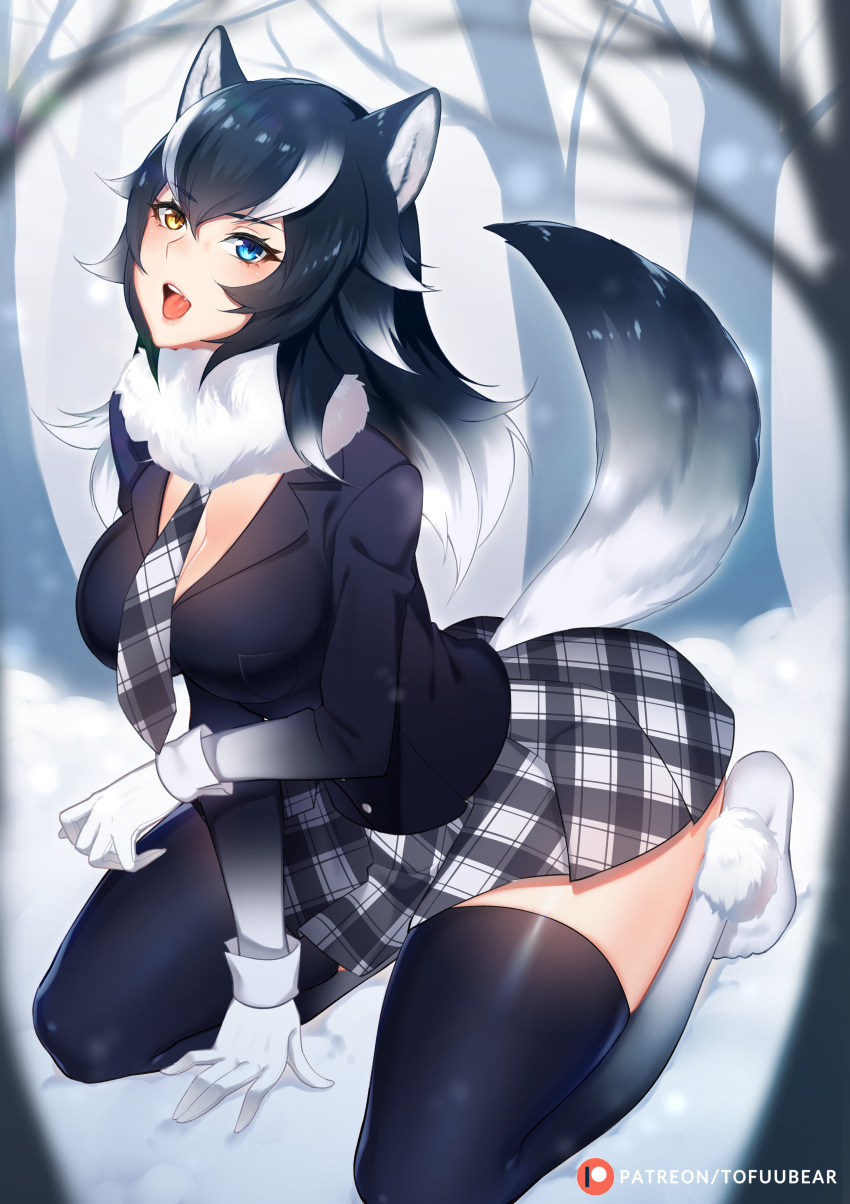 animal_ears cleavage grey_wolf heterochromia kemono_friends no_bra seifuku skirt_lift tail thighhighs tofuubear