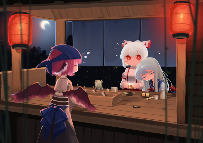 3girls absurdres alternate_costume animal_ears bandana bird_ears bird_wings blue_bow blue_dress blue_headwear blunt_bangs blush_stickers bottle bow bright_pupils chopsticks closed_eyes coin commentary crescent cup dress drinking_glass eighth_note feathered_wings fireflies food food_stand fujiwara_no_mokou grey_hair grey_shirt grey_skirt hairbow hat head_on_another's_shoulder highres holding holding_cup kamishirasawa_keine lantern leaning_on_person long_hair long_sleeves moon multiple_girls musical_note mystia_lorelei neckerchief night night_sky no_mouth noren obi okamisty pants paper_lantern pink_hair pink_wings plate ponytail puffy_short_sleeves puffy_sleeves red_eyes red_neckerchief red_pants sash shirt short_hair short_sleeves sitting skirt sky sleepy squeans standing star_(sky) starry_sky suspenders sweet_reverie swept_bangs tokin_hat touhou tree unworn_hat unworn_headwear waist_bow white_bow white_hair white_pupils white_shirt white_sleeves wings yatai