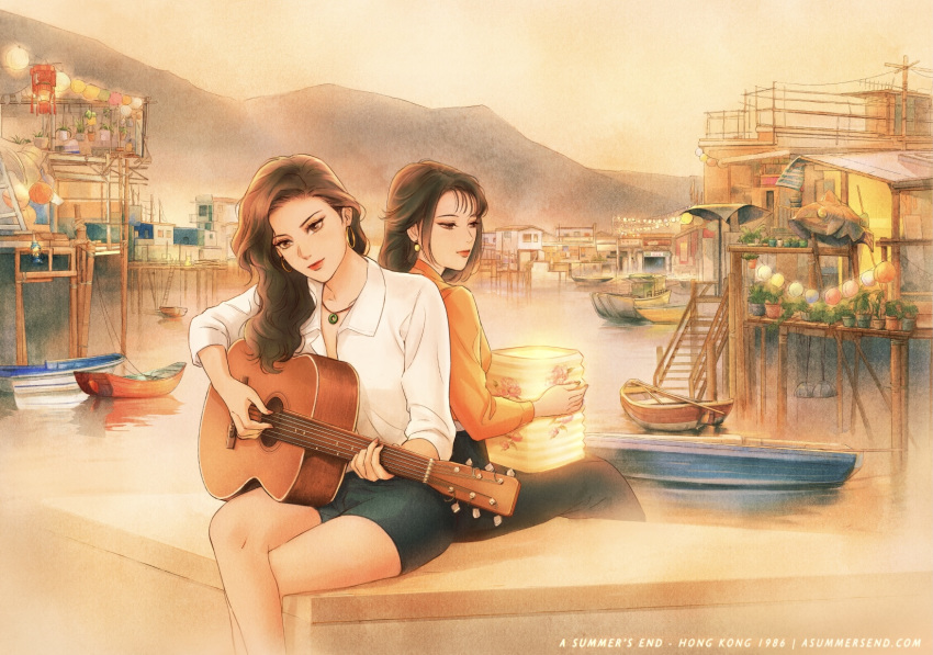 2girls a_summer's_end:_hong_kong_1986 blouse boat denim guitar highres hong_kong instrument jeans jewelry lilaccu mountain multiple_girls necklace official_art pants river shirt village watercraft white_shirt yuri