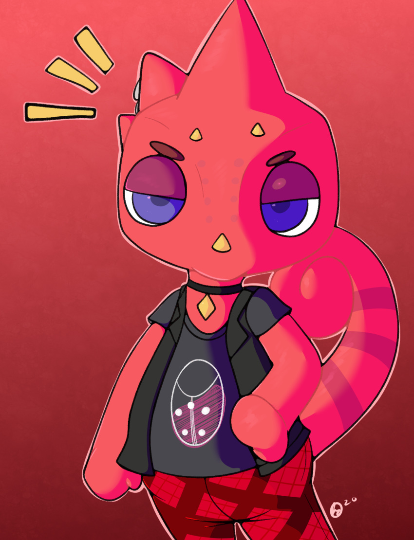 2020 animal_crossing anthro biped black_clothing black_shirt black_t-shirt black_topwear blue_eyes bottomwear chameleon choker clothed clothing digital_media_(artwork) flick_(animal_crossing) half-closed_eyes hi_res horn jewelry lizard looking_at_viewer male markings narrowed_eyes necklace nintendo pants piercing red_body red_bottomwear red_clothing red_pants red_scales red_tail reptile scales scalie shirt simple_background solo standing striped_markings striped_tail stripes t-shirt tail tail_markings topwear yosshidoragon