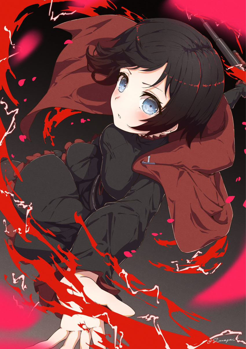 absurdres blush breasts brown_hair cape cloak crescent_rose female gradient_background grey_eyes highres looking_at_viewer medium_breasts parted_lips petals red_cape ruby_rose rwby s-masa_7131 short_hair solo twitter_username