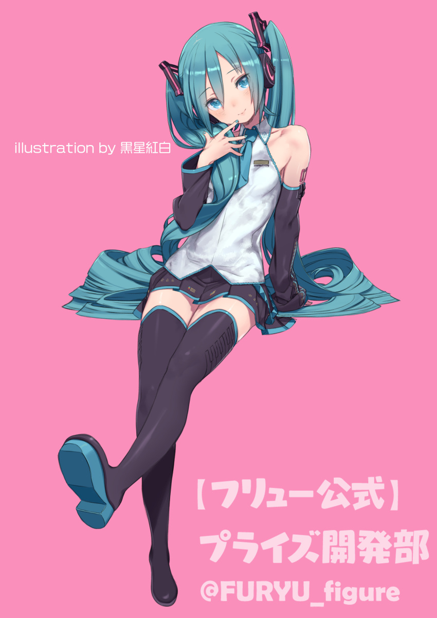 absurdres aqua_eyes aqua_hair aqua_nails aqua_necktie artist_name black_sleeves boots breasts collarbone collared_shirt detached_sleeves eyelashes female figure_available full_body hair_between_eyes hair_ornament hair_spread_out hatsune_miku hatsune_miku_(noodle_stopper) head_tilt headset highres invisible_chair knees_together_feet_apart kuroboshi_kouhaku legs long_hair looking_at_viewer nail_polish necktie noodle_stopper official_art pink_background pleated_skirt shiny_clothes shirt sidelocks simple_background sitting skirt sleeveless small_breasts smile solo thigh_boots thighhighs translated twintails very_long_hair vocaloid white_shirt zettai_ryouiki