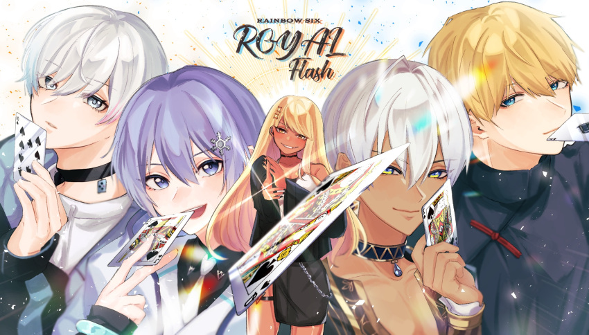 4boys bishounen black_choker black_jacket black_shirt blonde_hair blue_eyes blue_hair bobsappaim card choker collarbone collared_shirt colored_tips dark-skinned_female dark-skinned_male dark_skin ex_albio female hair_behind_ear hair_ornament head_tilt highres ho._(_o52_4) holding holding_card ibrahim_(nijisanji) jacket kaminari_qpi long_hair male_focus multicolored_hair multiple_boys necktie neo-porte nijisanji original parted_lips pectoral_cleavage pectorals playing_card shirayuki_reid shirt smile smirk snowflake_hair_ornament virtual_youtuber vspo! white_necktie