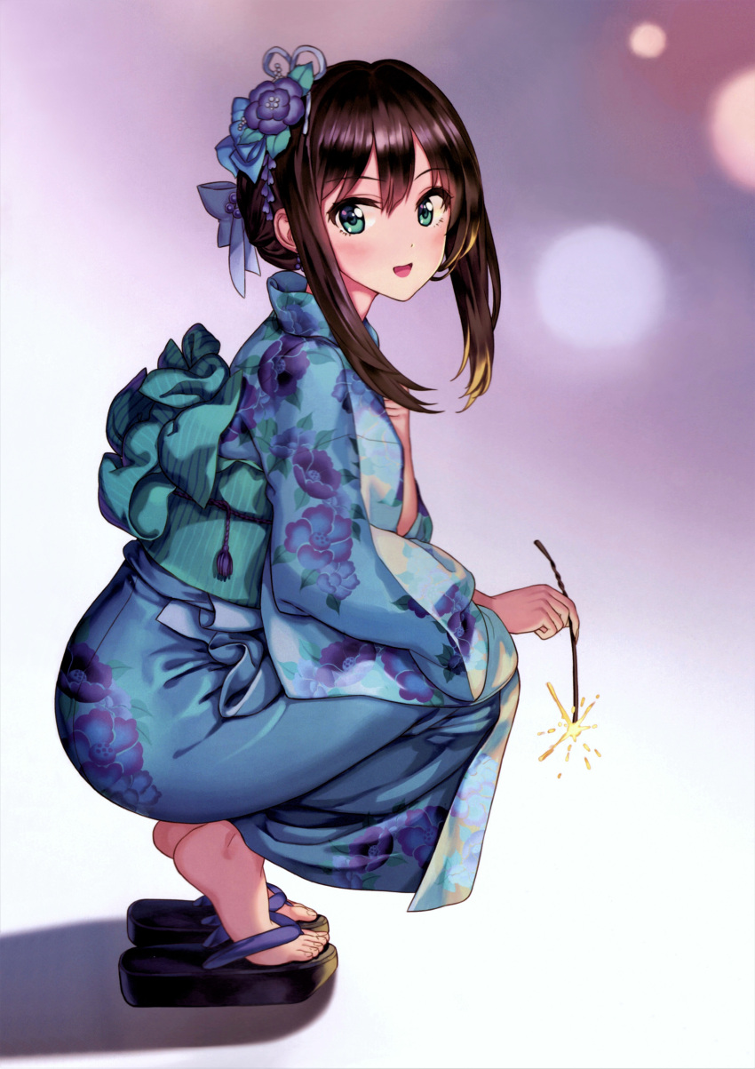 absurdres blue_kimono blush brown_hair feet female fireworks floral_print flower green_eyes hair_between_eyes hair_flower hair_ornament hamahama highres idolmaster idolmaster_cinderella_girls japanese_clothes kimono long_hair looking_at_viewer looking_to_the_side obi okobo open_mouth sandals sash scan shibuya_rin simple_background smile solo sparkler squatting tiptoes toenails toes white_background wide_sleeves yukata