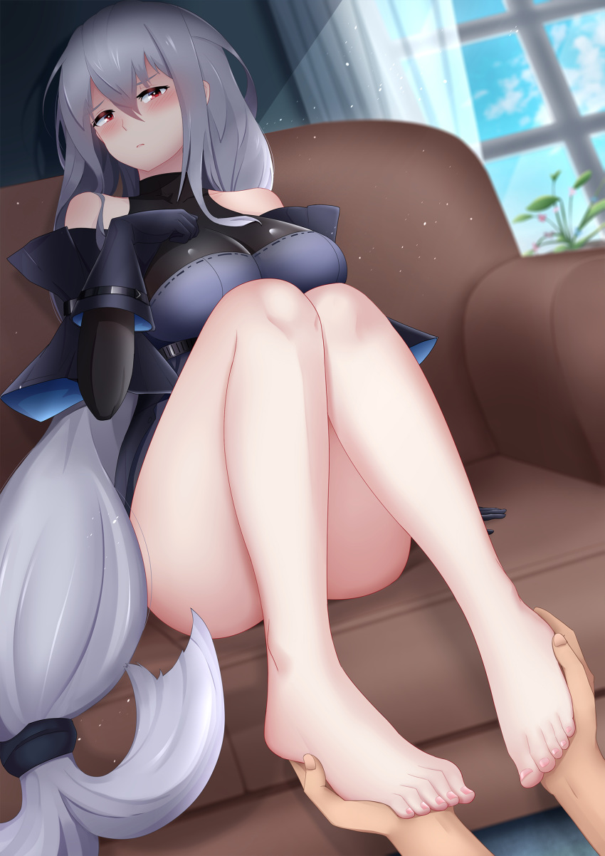 arknights bare_legs bare_shoulders barefoot black_gloves black_neckwear black_shirt black_sleeves blush breasts chinese_commentary commentary_request couch detached_sleeves feet female gloves grey_hair hair_between_eyes hand_on_own_chest head_tilt highres holding holding_another's_foot holding_feet indoors knees_together_feet_apart large_breasts legs lenxiao long_hair long_sleeves low-tied_long_hair medium_breasts red_eyes shirt sitting skadi_(arknights) sleeveless sleeveless_shirt solo_focus thighs very_long_hair